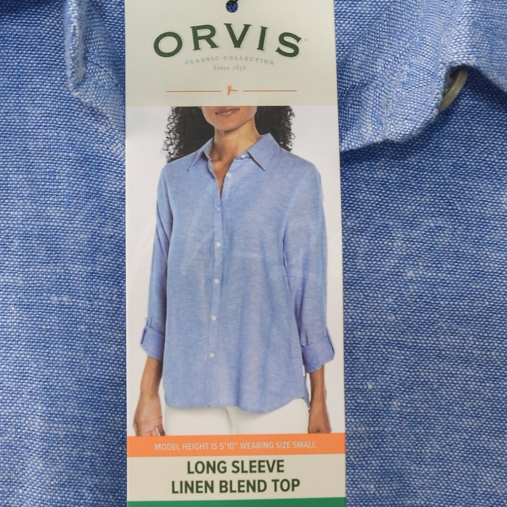 Orvis ladies long sleeve linen blend top Blue